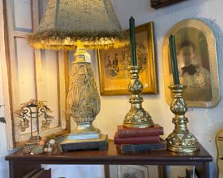 candlesticks, lamps, brass, cat figurine