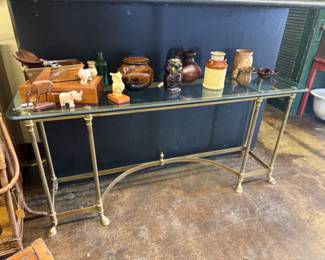 Solid Brass Hoof Footed Beveled Glass top Console table 