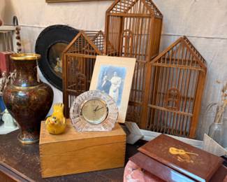 birdhouse, music box, dinnerware, vases