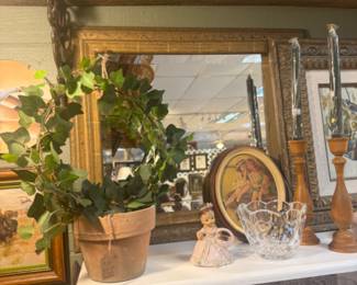Mirror, plants, wooden candelsticks