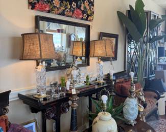 crystal lamps, console table, coffee table, large live plants