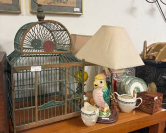 birdcage, lamp, sugar and creamer
