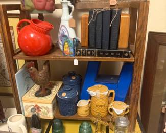 vintage red pitcher, vintage books, canisters, lamps, framed art