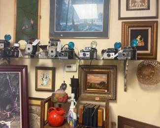 framed art, vintage camera collection, pitcher