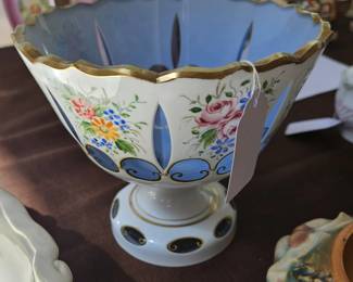 Hand painted Bohemian Glass pedestal bowl.