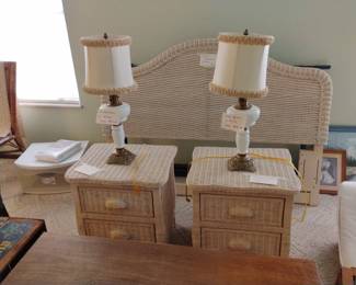 Pier 1 wicker end tables and vintage milk glass and brass lamps