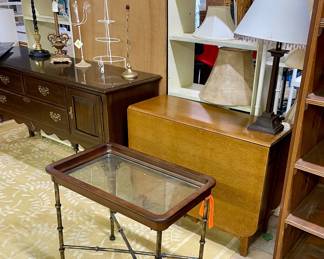 Buffet, Gate-Leg Table, Recessed Glass Side Table