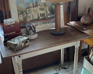Antique Table, Bobbin Spool Lamp, Horn Box
