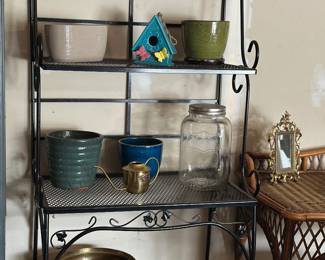 Bakers rack , vintage planters 