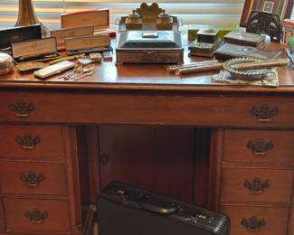 Brass ink wells, vintage cross metal box 