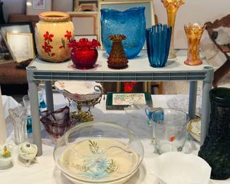 Hand painted stoneware, brown hobnail seed pod design vase, large blue crackle Blenko, lg MCM punch bowl  