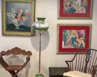 Hand painted parlor floor lamp,  oil painting, renaissance style, folding chair Savonarola 