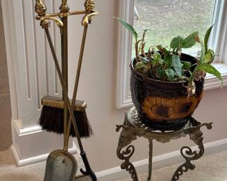 MCM St Claire glass knob brass fireplace tool set , pottery planter, brass plant stand/jardiniere pedestal 