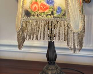 Fringe table lamp, Victorian style, boudoir lamp, reverse, painted floral shade by Meyda Tiffany 