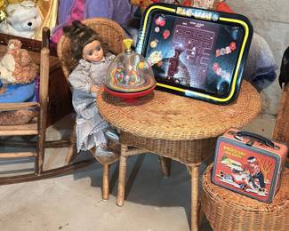 Child's wicker table and chairs, Pac Man metal TV tray,, raggedy Ann and Andy metal lunchbox