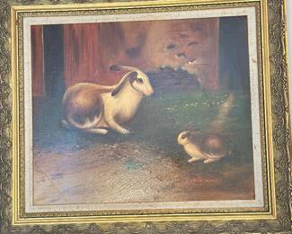 Two rabbits oil painting 32" x 27" signed Charles Gerald 