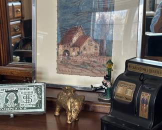 "Le Moulin de Sezaincourt" framed art, cast iron elephant bank, 1971 cash box metal coin bank, uncle Sam's 3 coin register bank, 