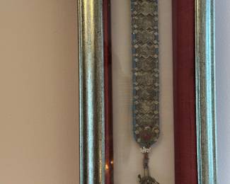 Antique textile collectable with embroidery metal work and tassels, 19" L, frame 27 x 10