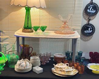 Mary Gregory emerald Bohemian, art glass lamp, uranium glass, carnival glass