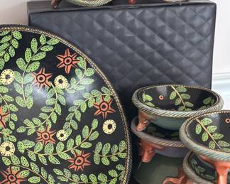 Signed handpainted wood salad bowl set , bull heads as feet 