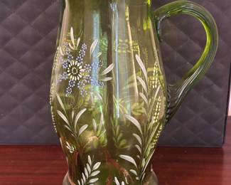 Green floral pitcher  with ruffled rim hand painted