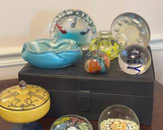 Kosta Boda paperweights, fish aquarium art glass, Murano glass bowl, art deco yellow /blue candy dish 