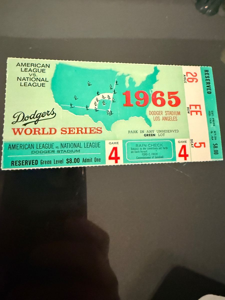 1965 Game 4 Dodgers World Series Ticket Stub - Against Minnesota Twins @ Dodgers Stadium