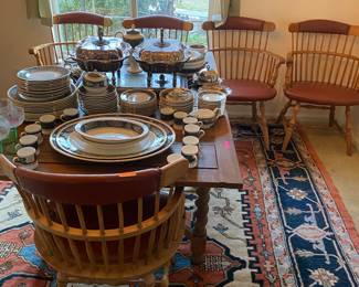Vintage extendable table, 6 vintage chairs, Wedgewood dish set 