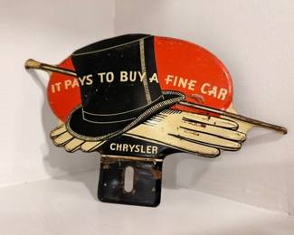 Vintage Chrysler license plate topper, "It Pays to Buy a Fine Car"