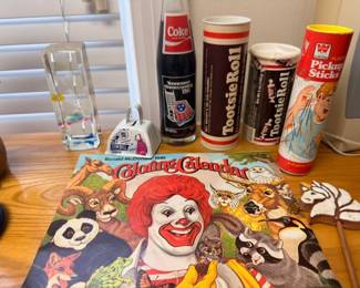 Vintage advertising collectibles, Ronald McDonald figure, Tootsie Roll, Coke memorabilia