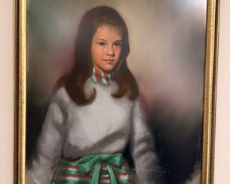 Oil portrait painting of young girl in gold gilt frame