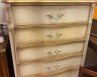 French Provincial 4-drawer chest, cream and gold with ornate brass pulls