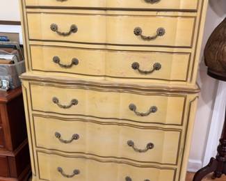 French Provincial tall chest of drawers, cream paint with brass pulls