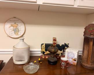Vintage stoneware crock jug, cow figurine, glass dish, kitchen collectibles lot