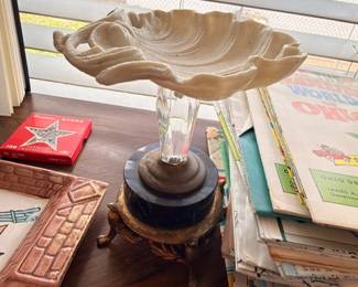 Vintage shell-shaped compote on crystal and brass pedestal, ceramic tray, collectibles