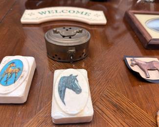 Horse collectibles lot, ceramic horse head plaque, painted tile, pink figurine, welcome sign