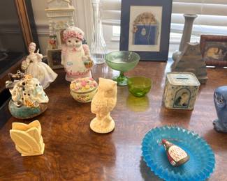 Porcelain lady figurines, blue ruffled glass plate, green glass compote, collectible ceramics