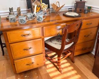 Vintage solid wood knee-hole desk with brass pulls and matching chair