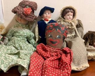 Vintage collectible dolls lot, porcelain and folk art dolls in period dresses