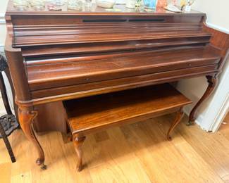 Kimball upright piano with matching bench, cherry wood cabinet