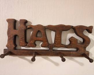 Carved wooden "HATS" wall hook rack with pegs
