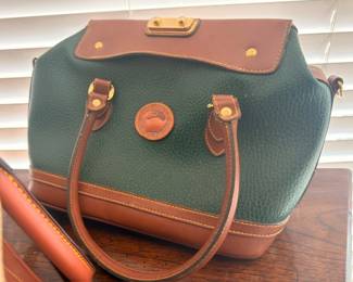 Dooney & Bourke all-weather leather handbag, green with brown trim