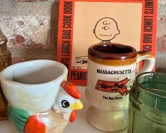 Vintage Peanuts Lunch Bag Cook Book, ceramic rooster mug, Massachusetts souvenir mug