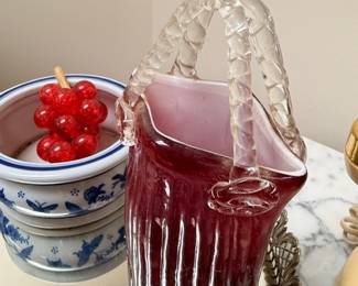 Vintage cranberry glass pitcher, crystal basket, blue and white ceramic bowl