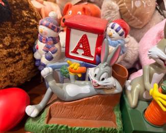Collectible ceramic figurines, clown with alphabet block, assorted characters