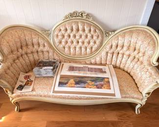 Victorian tufted settee loveseat, cream brocade upholstery, ornate carved frame