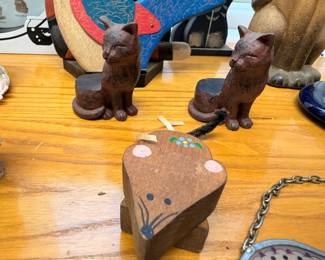 Carved wooden cat figurines, folk art wooden fish, handcrafted wood animal collection