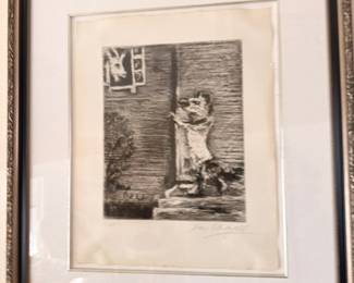 Framed etching print, figure scene, matted in ornate frame