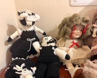 Collectible dolls lot, handmade crocheted cow doll, porcelain face doll
