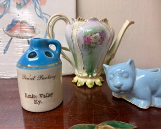 Renfro Valley Kentucky stoneware jug, hand-painted porcelain pitcher, blue ceramic cat planter